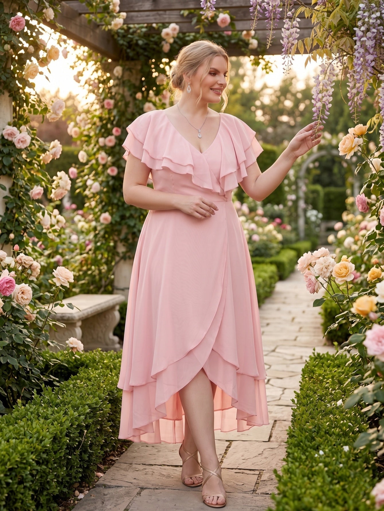 Larui Plus Size Women's Ruffle Sleeve Chiffon Dress