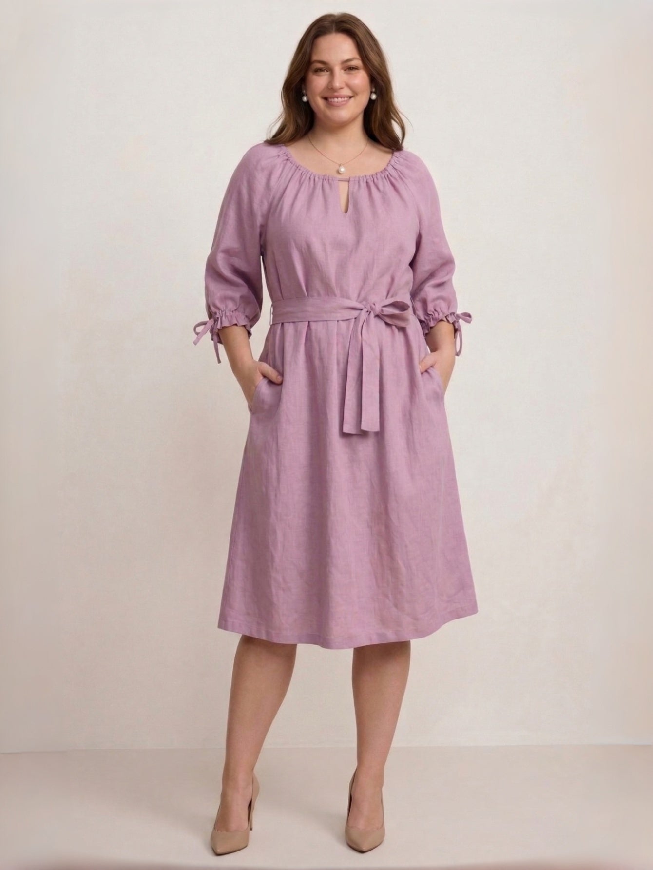 Larui Plus Size Women's Linen 3/4 Sleeves Dress With Belted