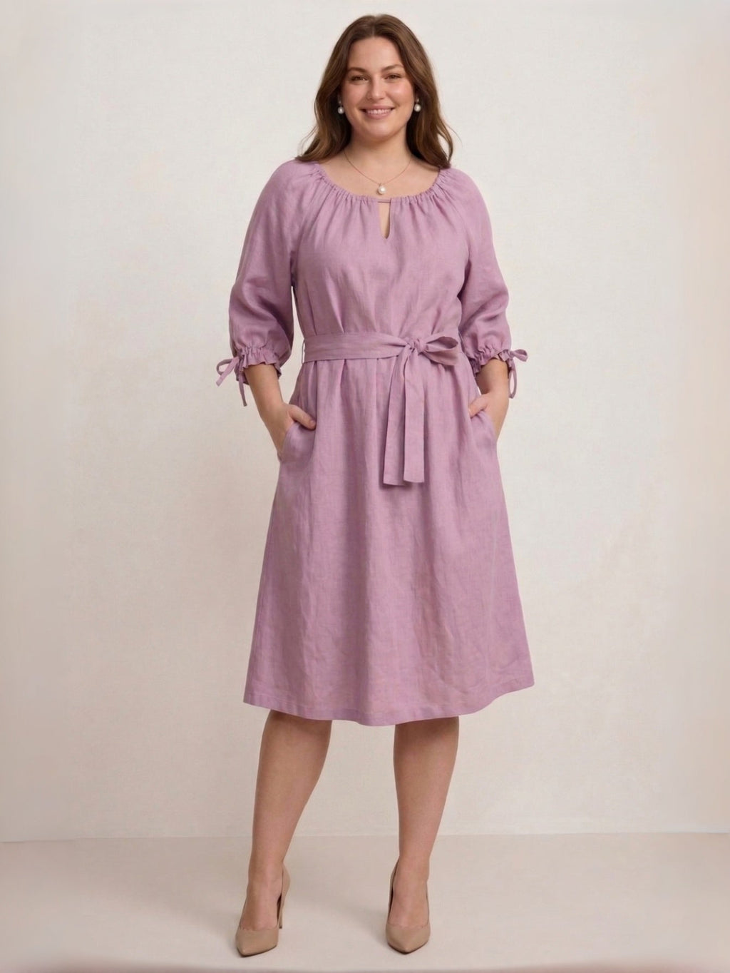 Larui Plus Size Women's Linen 3/4 Sleeves Dress With Belted