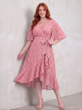 Larui Plus Size Elegant Chiffon Tie-Wrap Dress