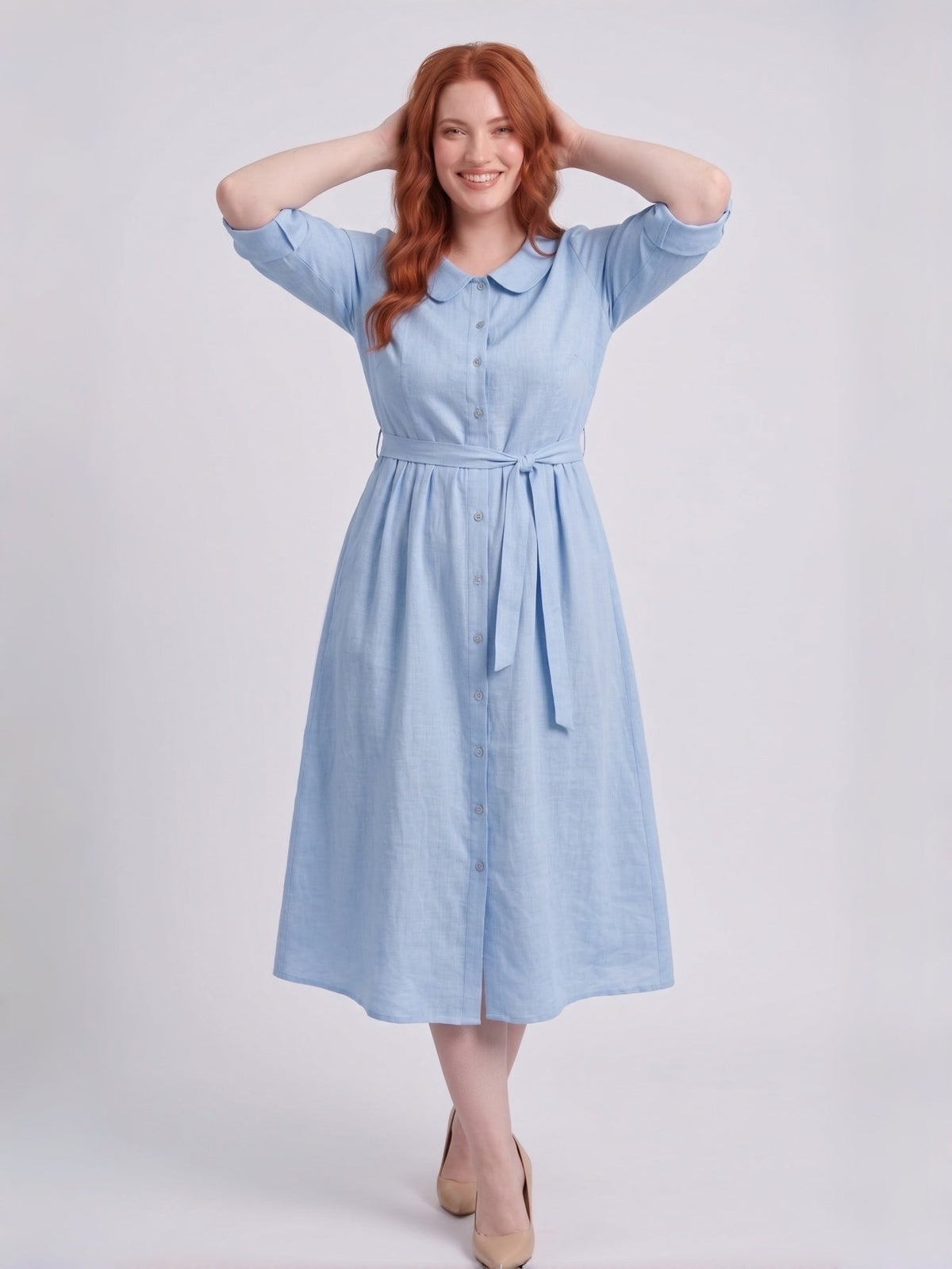 Larui Plus-Size Women's Linen Dress with Peter Pan Collar