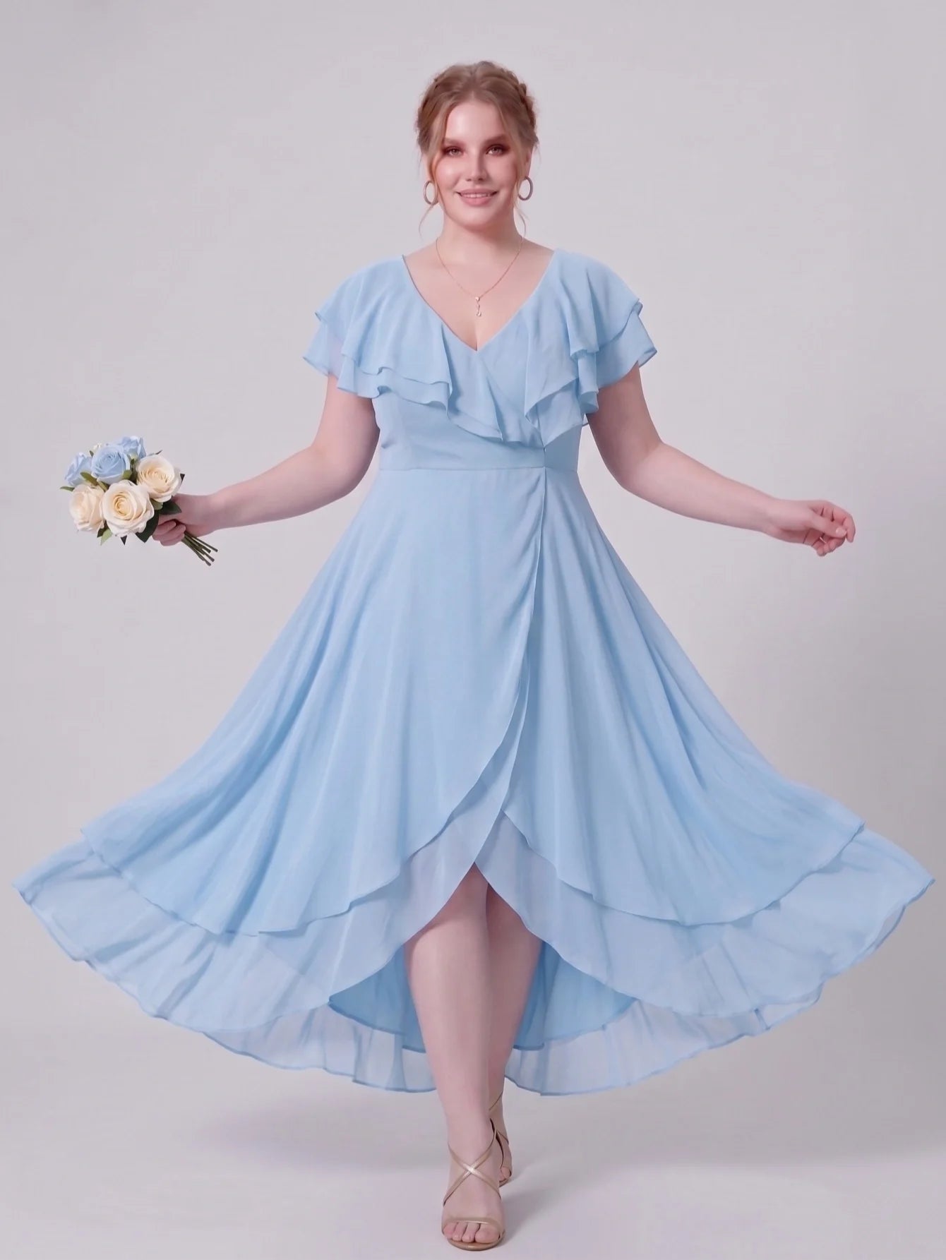 Larui Plus Size Women's Ruffle Sleeve Chiffon Dress