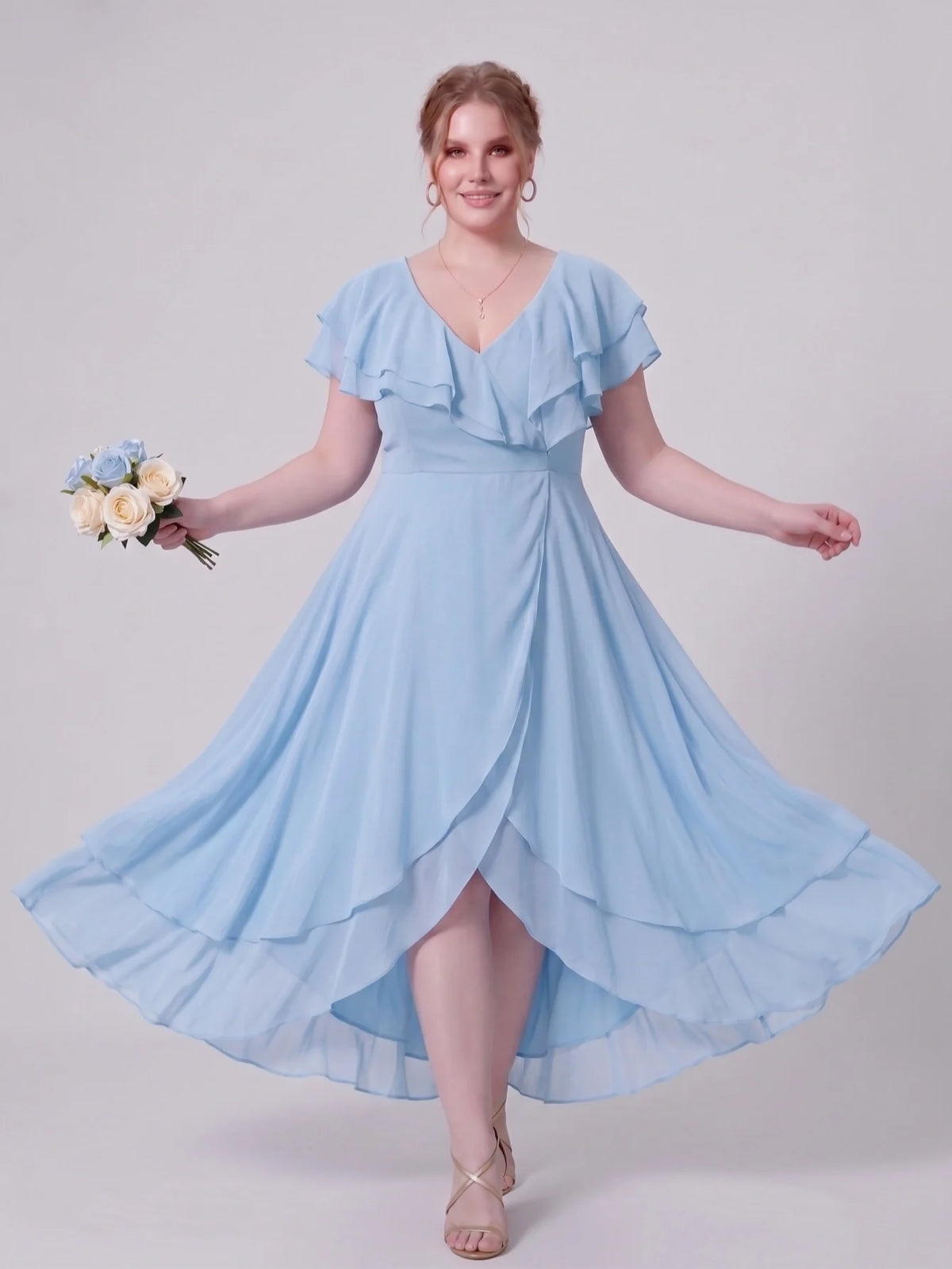 Larui Plus Size Women's Ruffle Sleeve Chiffon Dress