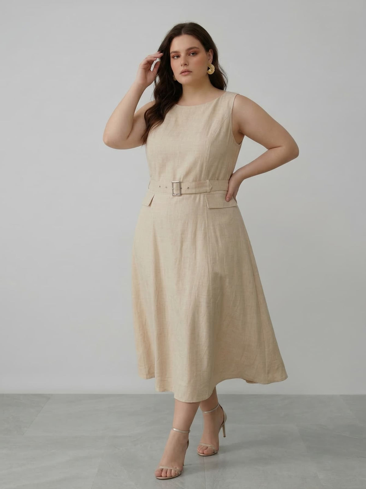 Larui Plus Size Women‘s Linen  Sleeveless Dress With Belt