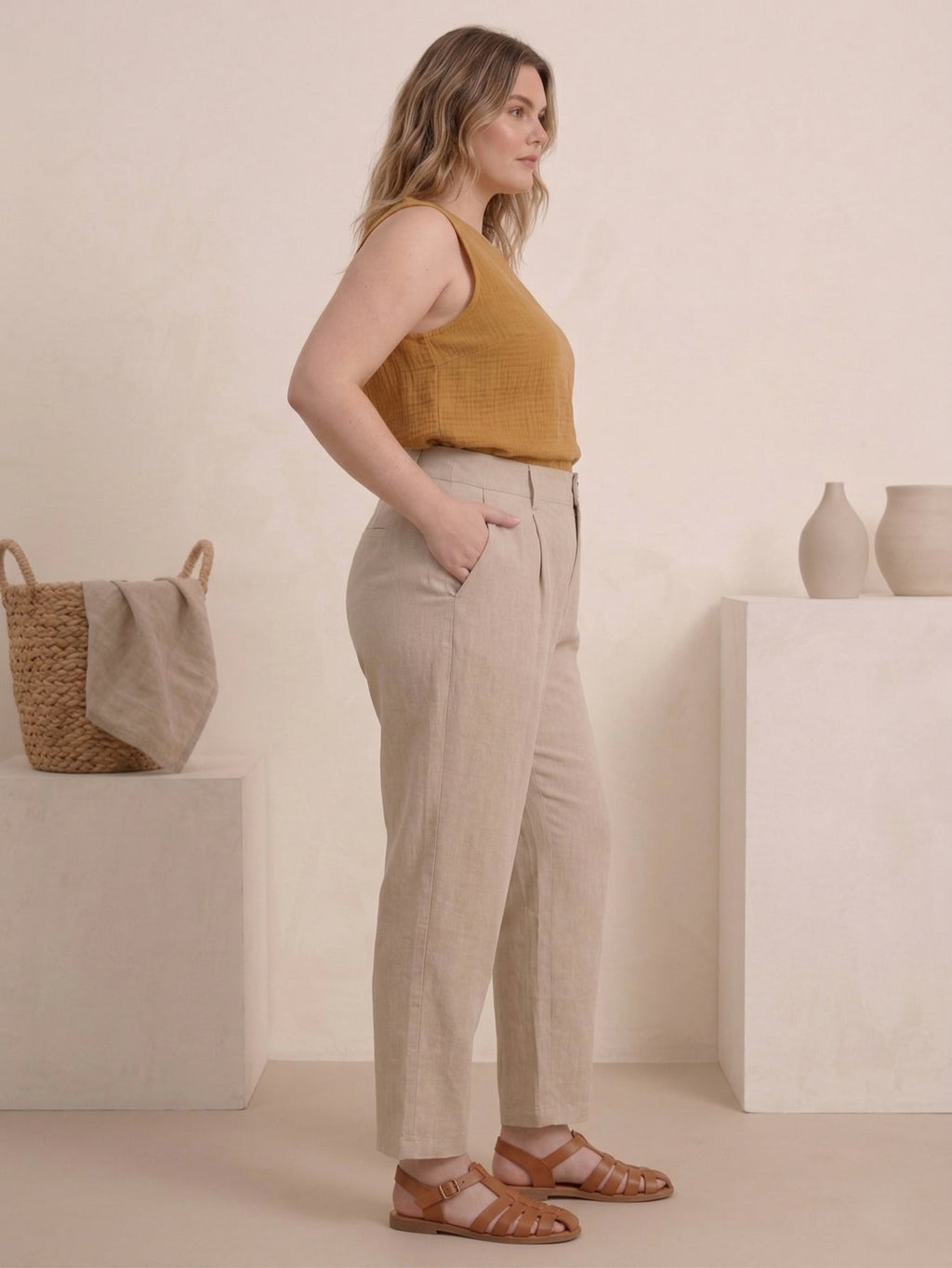 Larui Plus Size Women's Linen Pocket Full Length Pants