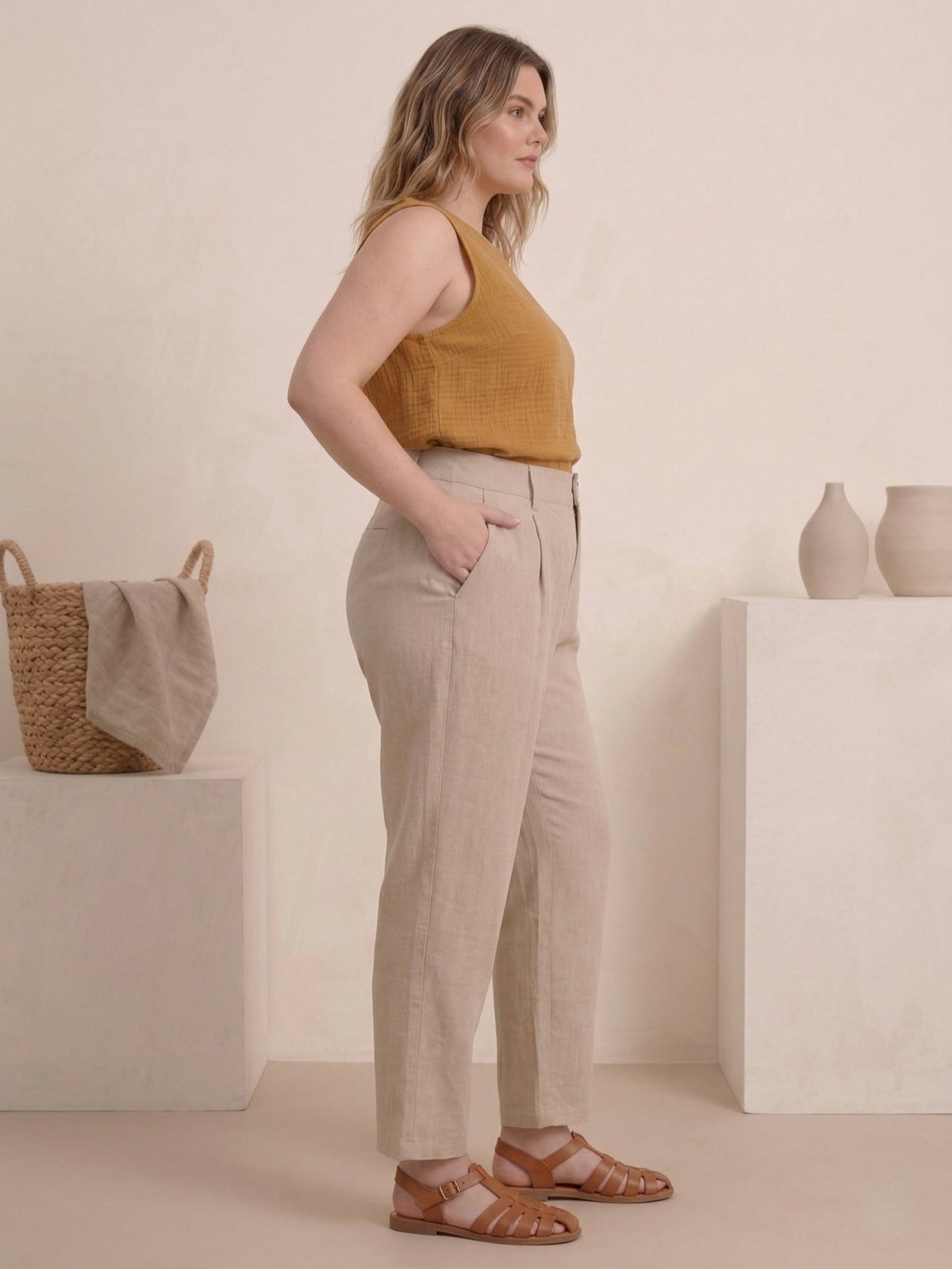 Larui Plus Size Women's Linen Pocket Full Length Pants
