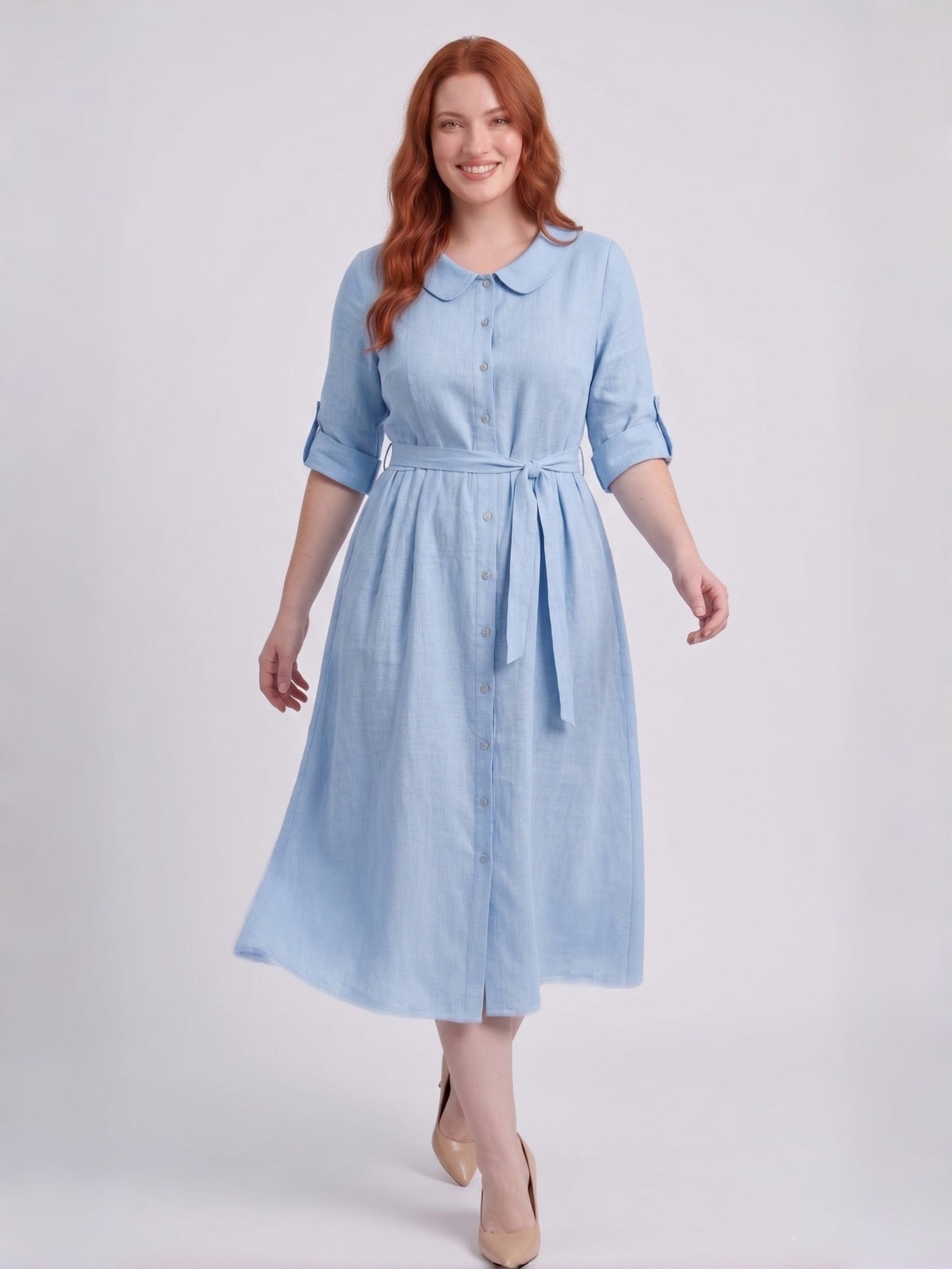 Larui Plus-Size Women's Linen Dress with Peter Pan Collar