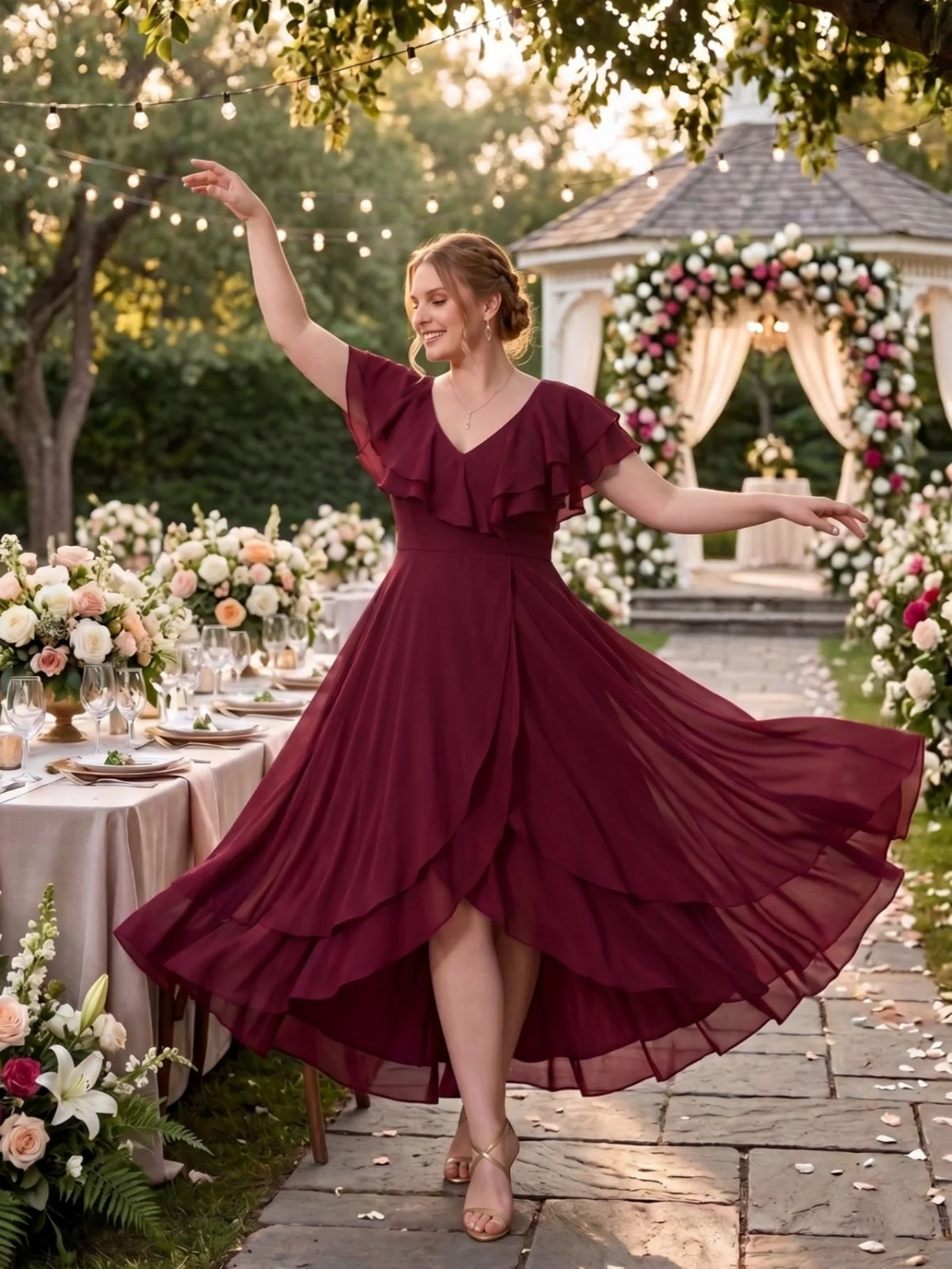 Larui Plus Size Women's Ruffle Sleeve Chiffon Dress