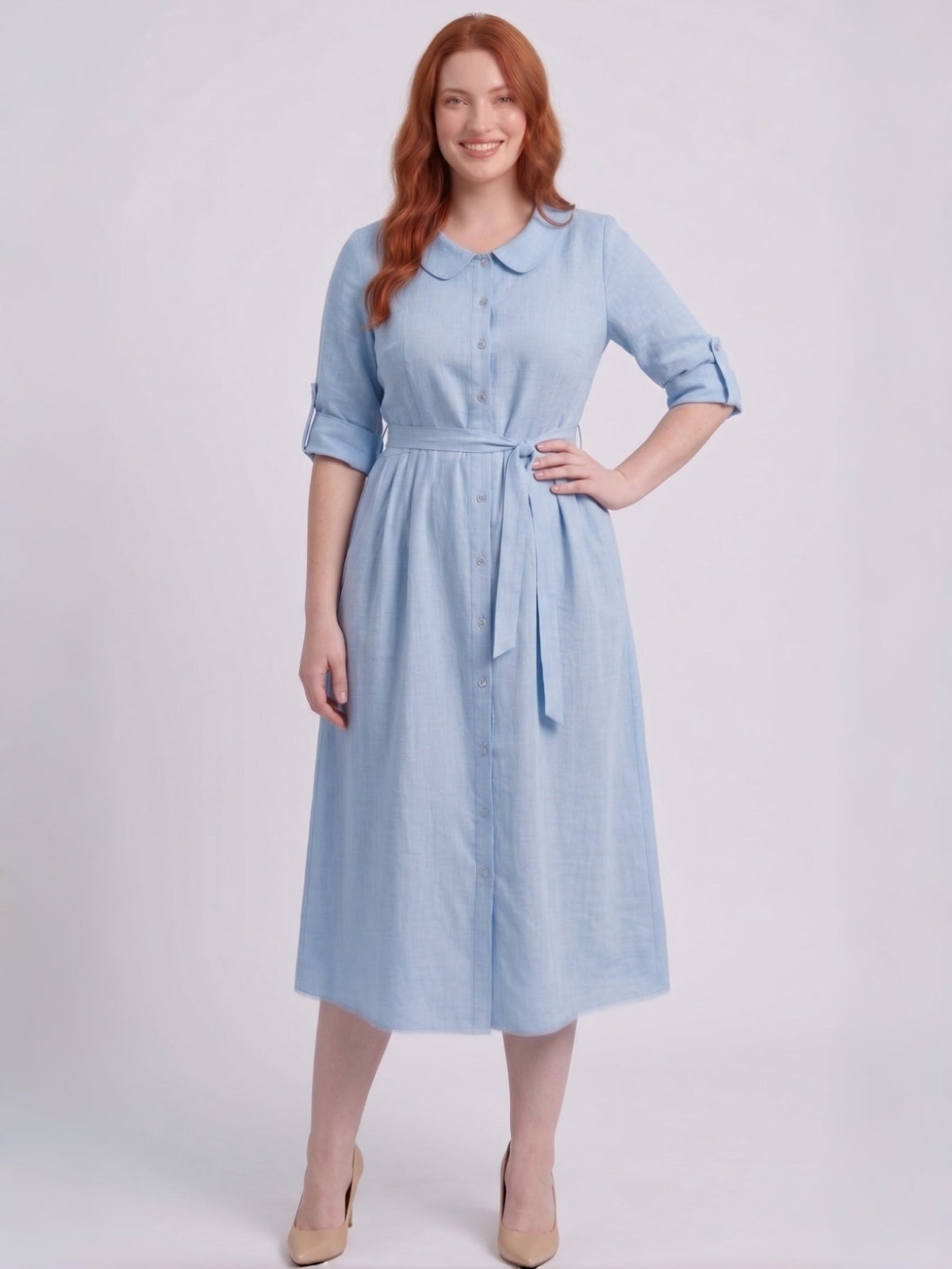 Larui Plus-Size Women's Linen Dress with Peter Pan Collar