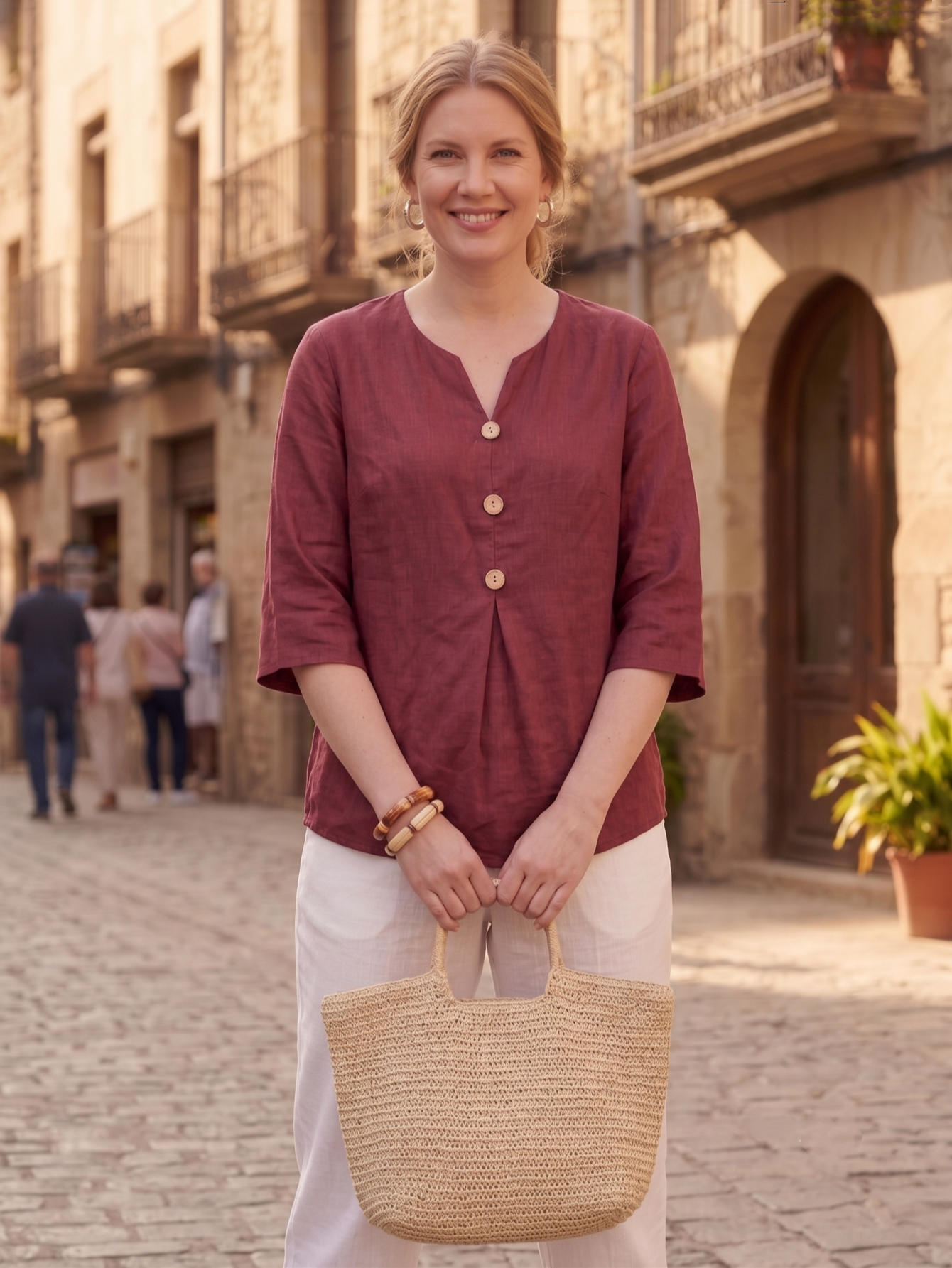 Larui Women's Plus-Size Linen V-Neck 3/4 Sleeve Top