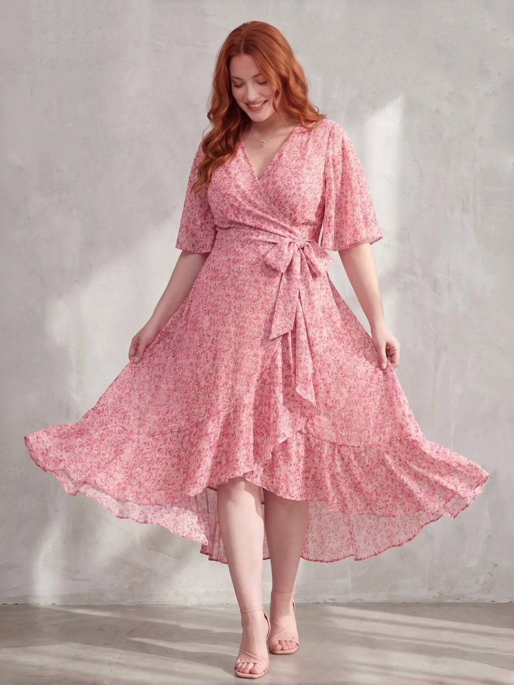 Larui Plus Size Elegant Chiffon Tie-Wrap Dress