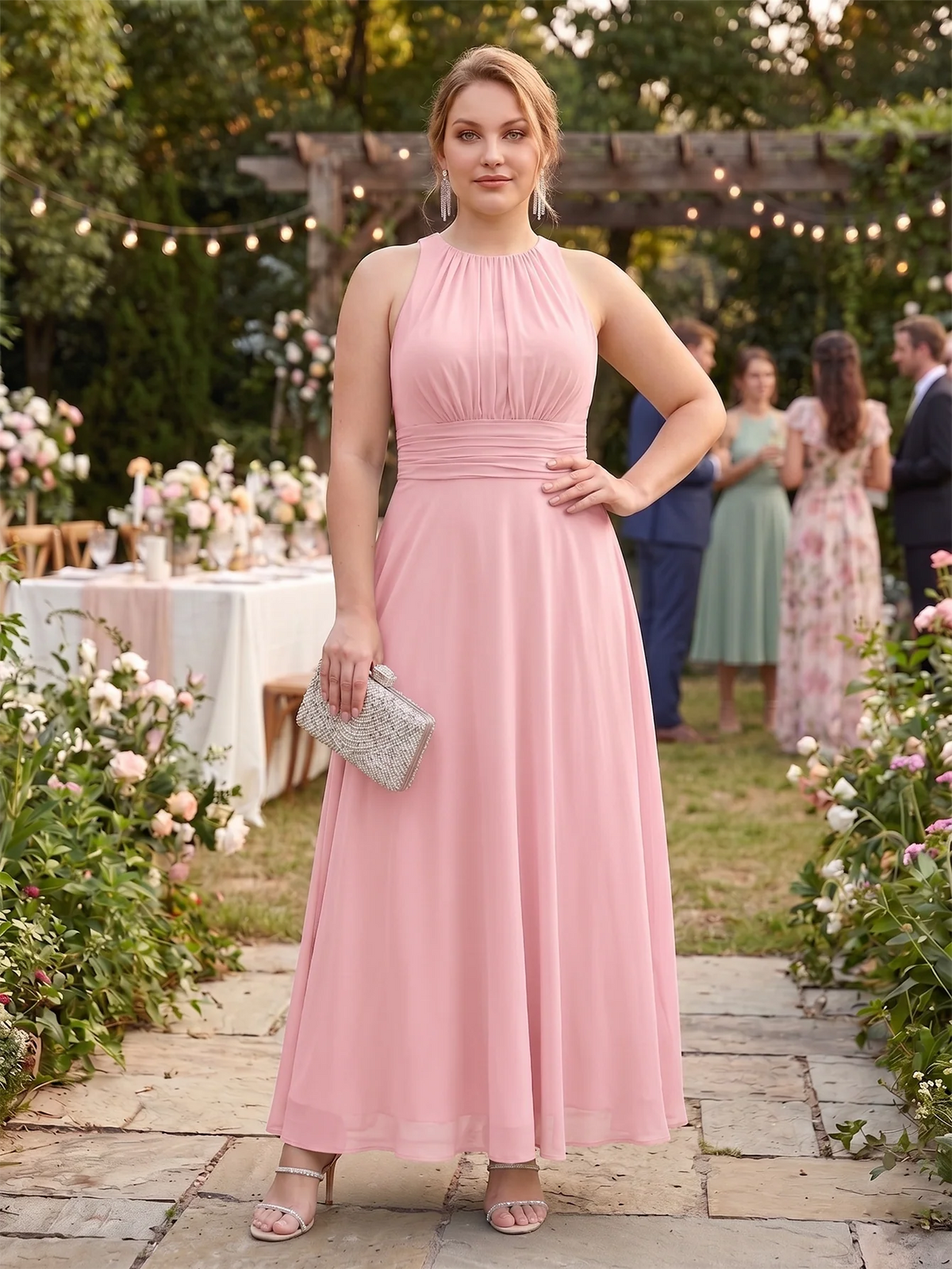 Larui Plus Size Elegant Pleated Chiffon Dress