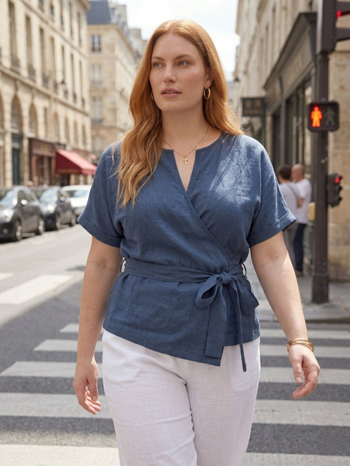 Larui Plus Size Women's Linen Short Sleeves Blouse With Belted
