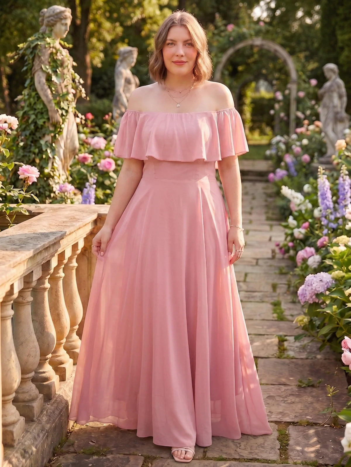 Larui Plus-Size Elegant Off-Shoulder Chiffon Dress