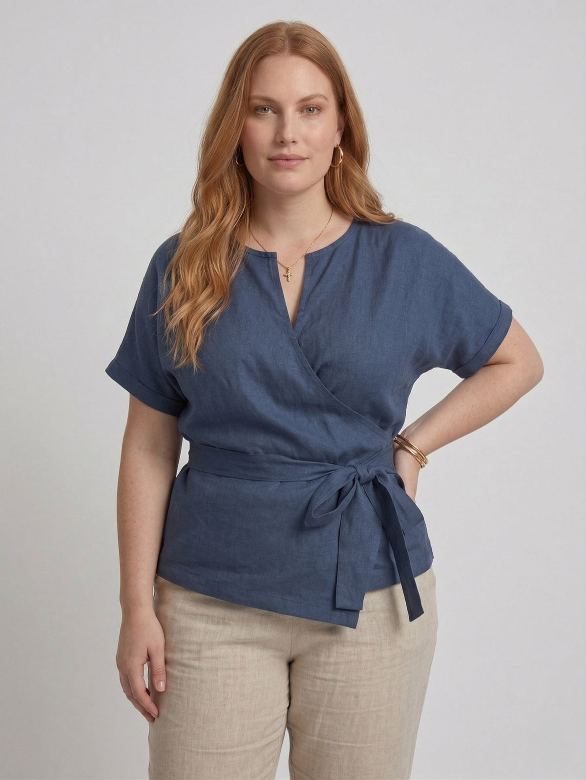 Larui Plus Size Women's Linen Short Sleeves Blouse With Belted
