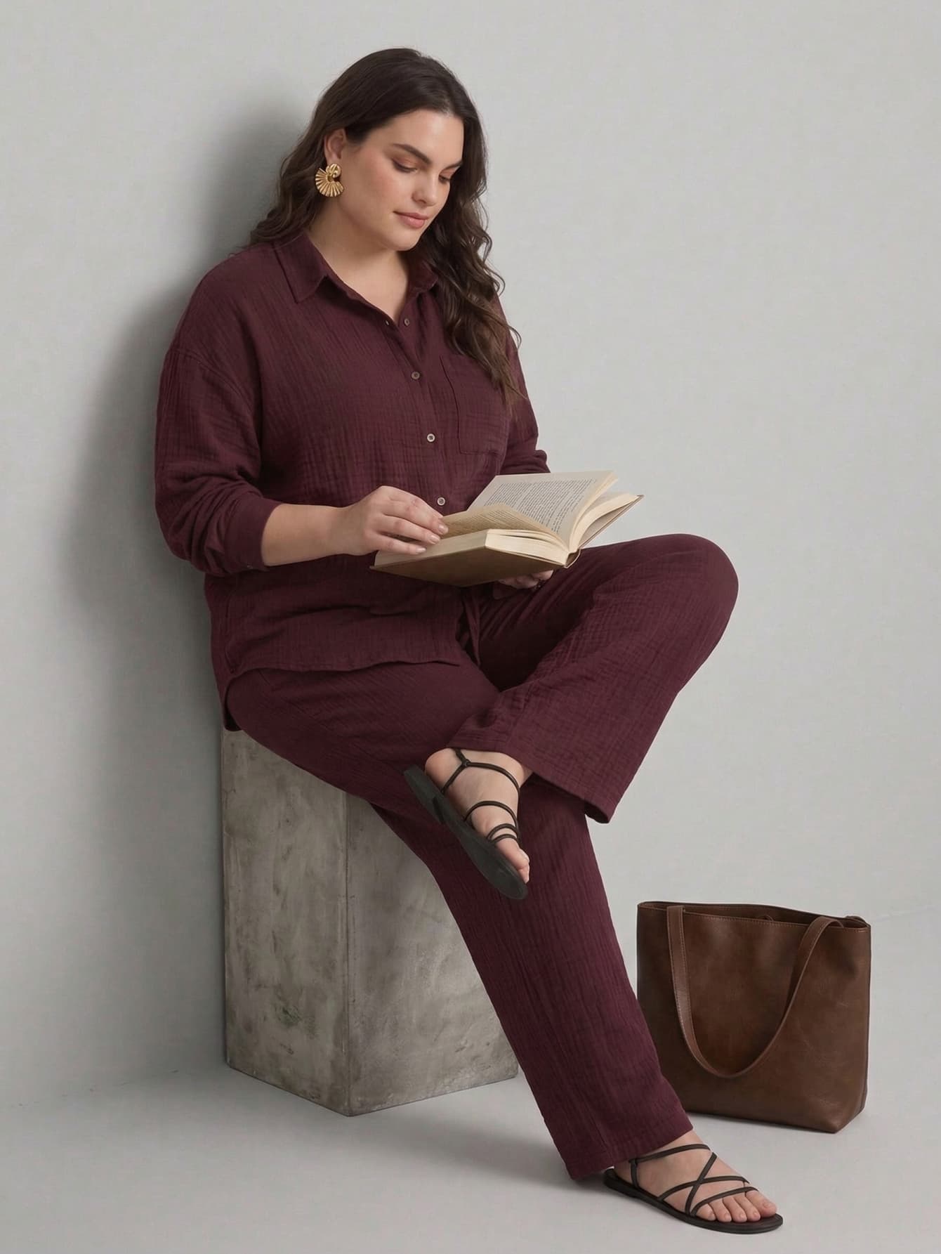 Larui Plus Size Women's Cotton Shirt And Pants 2Pcs Sets