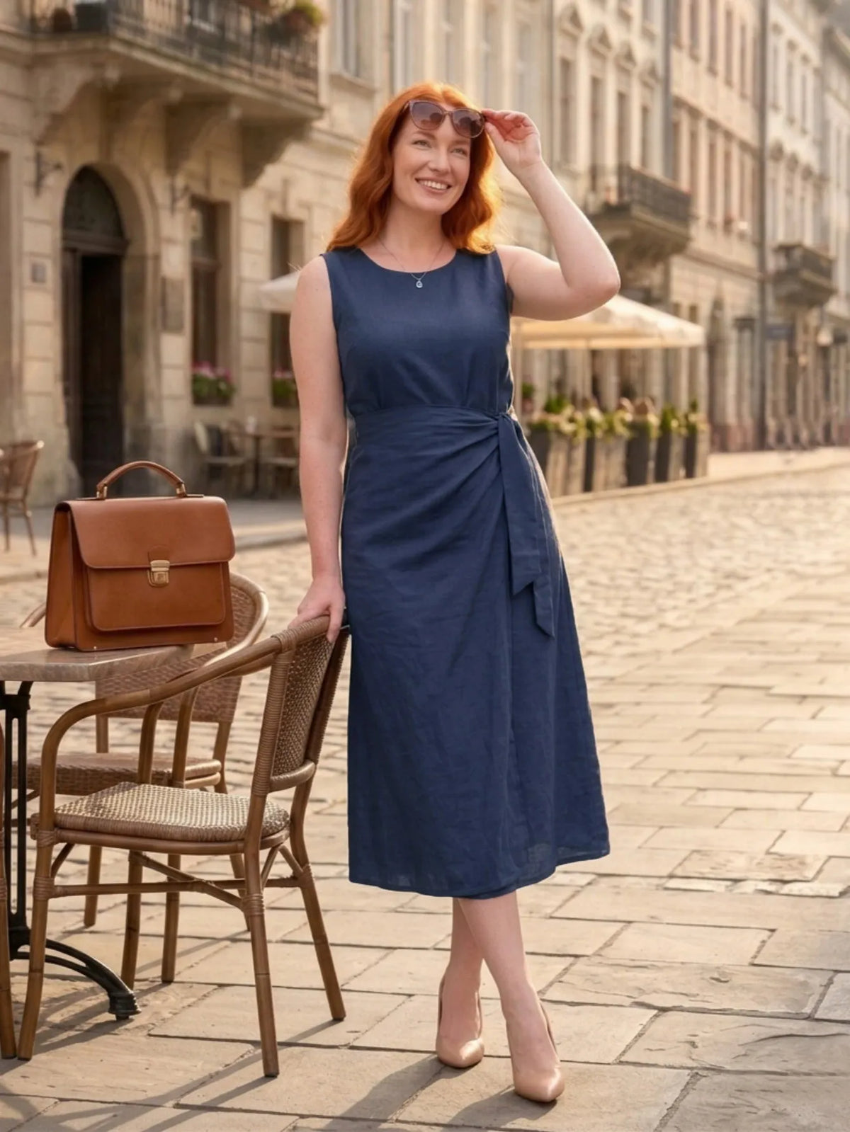 Larui Plus-Size Women's Linen Dress (with Side Ties)