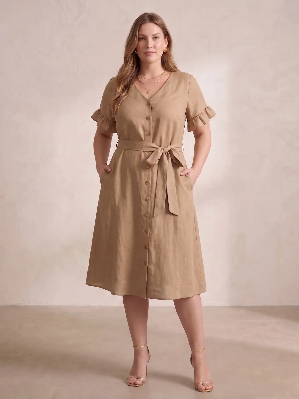 Larui Plus Size Women's Linen Short Sleeves Dress With Belted