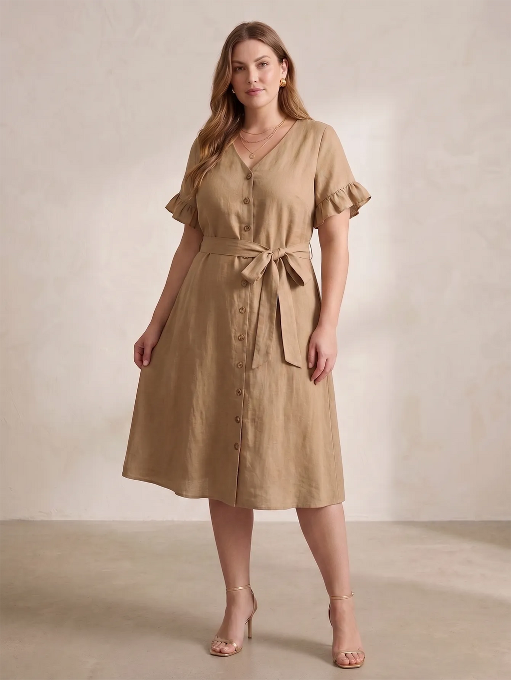 Larui Plus Size Women's Linen Short Sleeves Dress With Belted