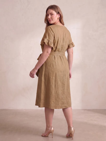 Larui Plus Size Women's Linen Short Sleeves Dress With Belted