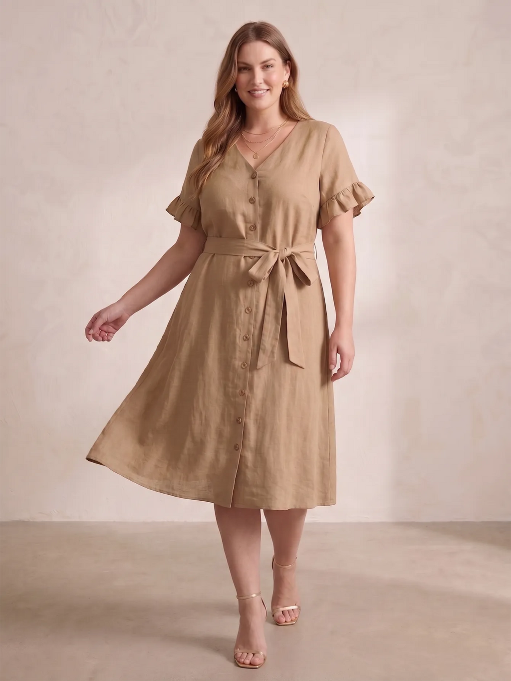Larui Plus Size Women's Linen Short Sleeves Dress With Belted