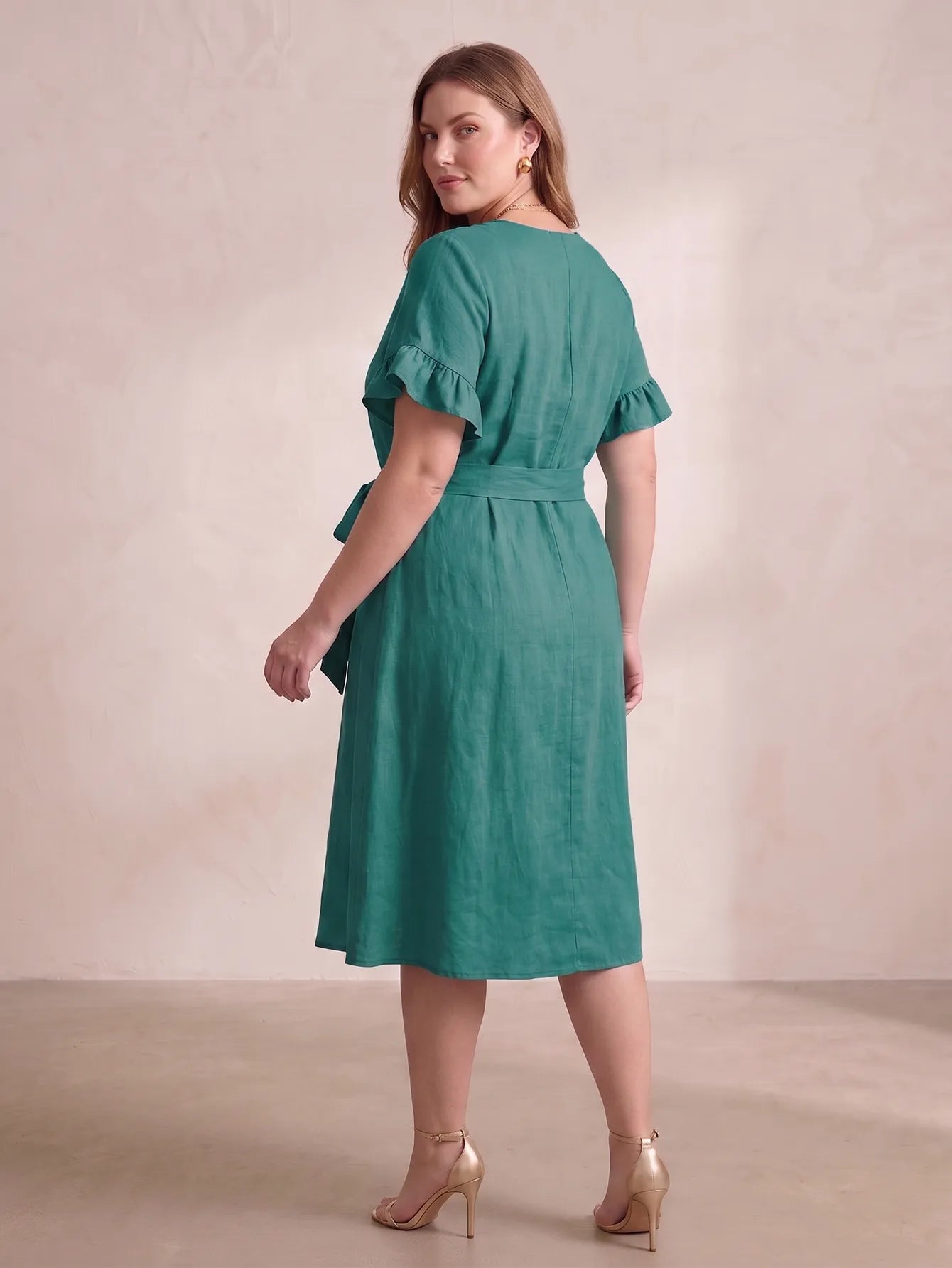 Larui Plus Size Women's Linen Short Sleeves Dress With Belted