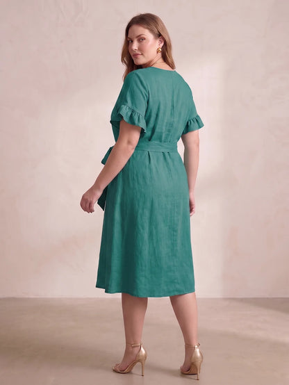 Larui Plus Size Women's Linen Short Sleeves Dress With Belted