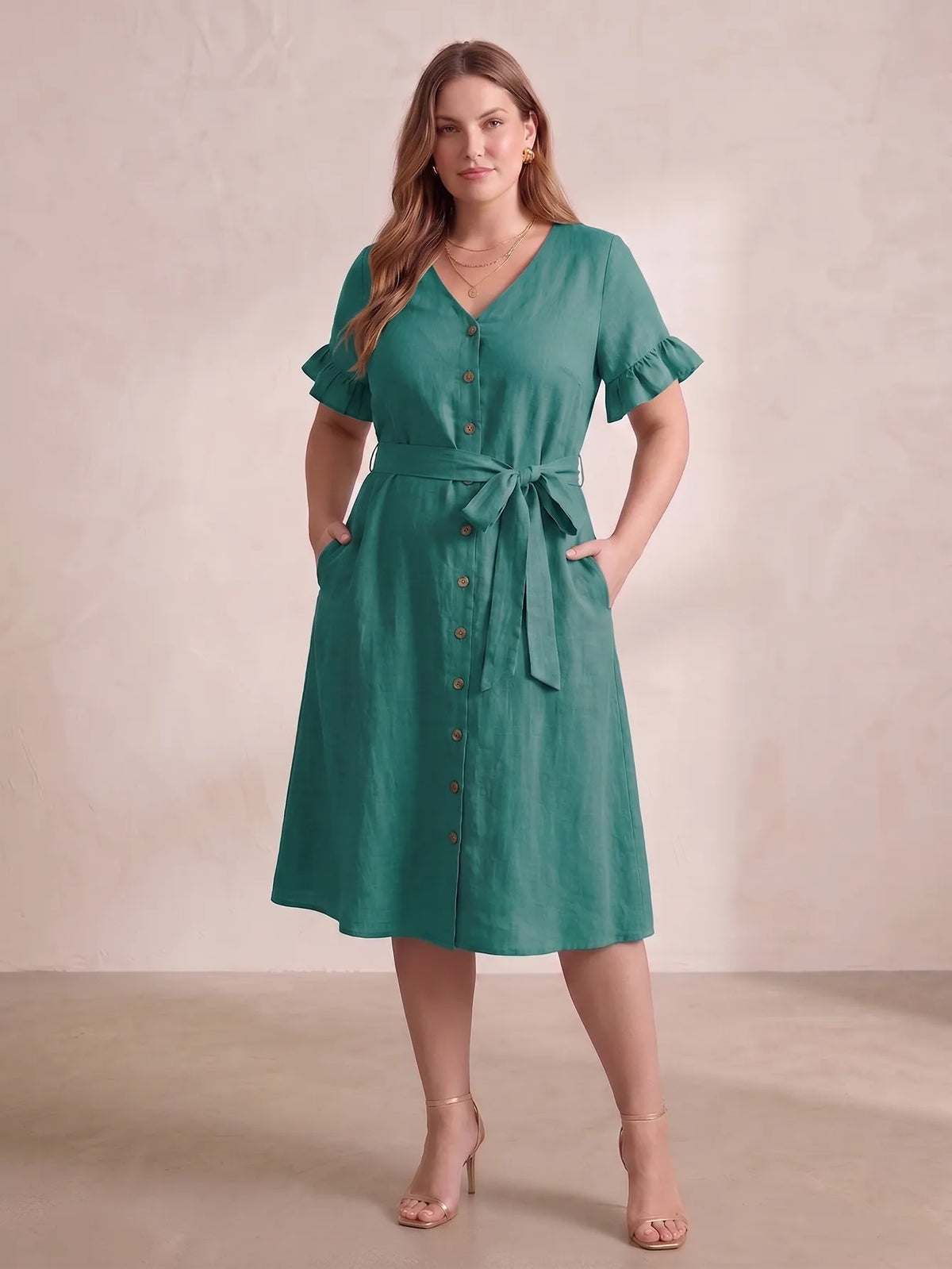 Larui Plus Size Women's Linen Short Sleeves Dress With Belted