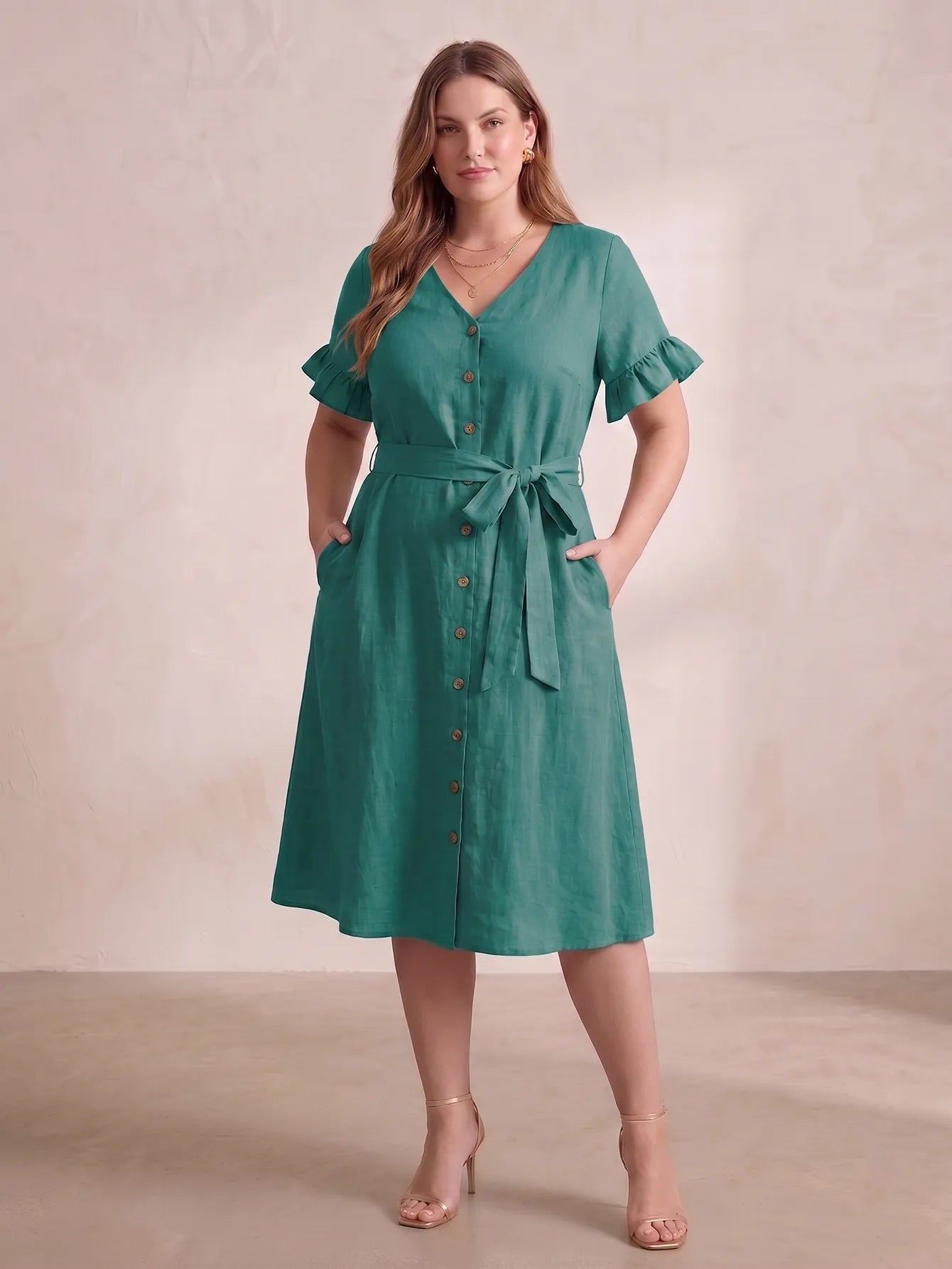 Larui Plus Size Women's Linen Short Sleeves Dress With Belted