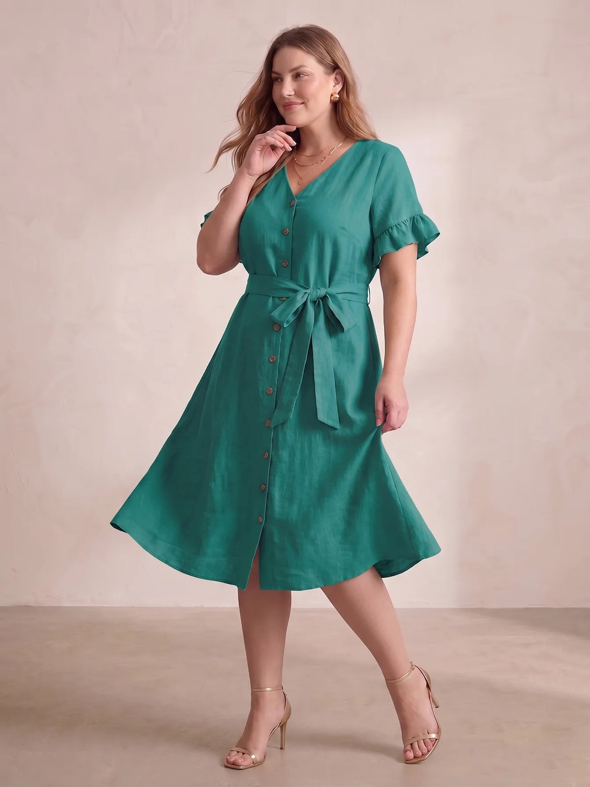 Larui Plus Size Women's Linen Short Sleeves Dress With Belted