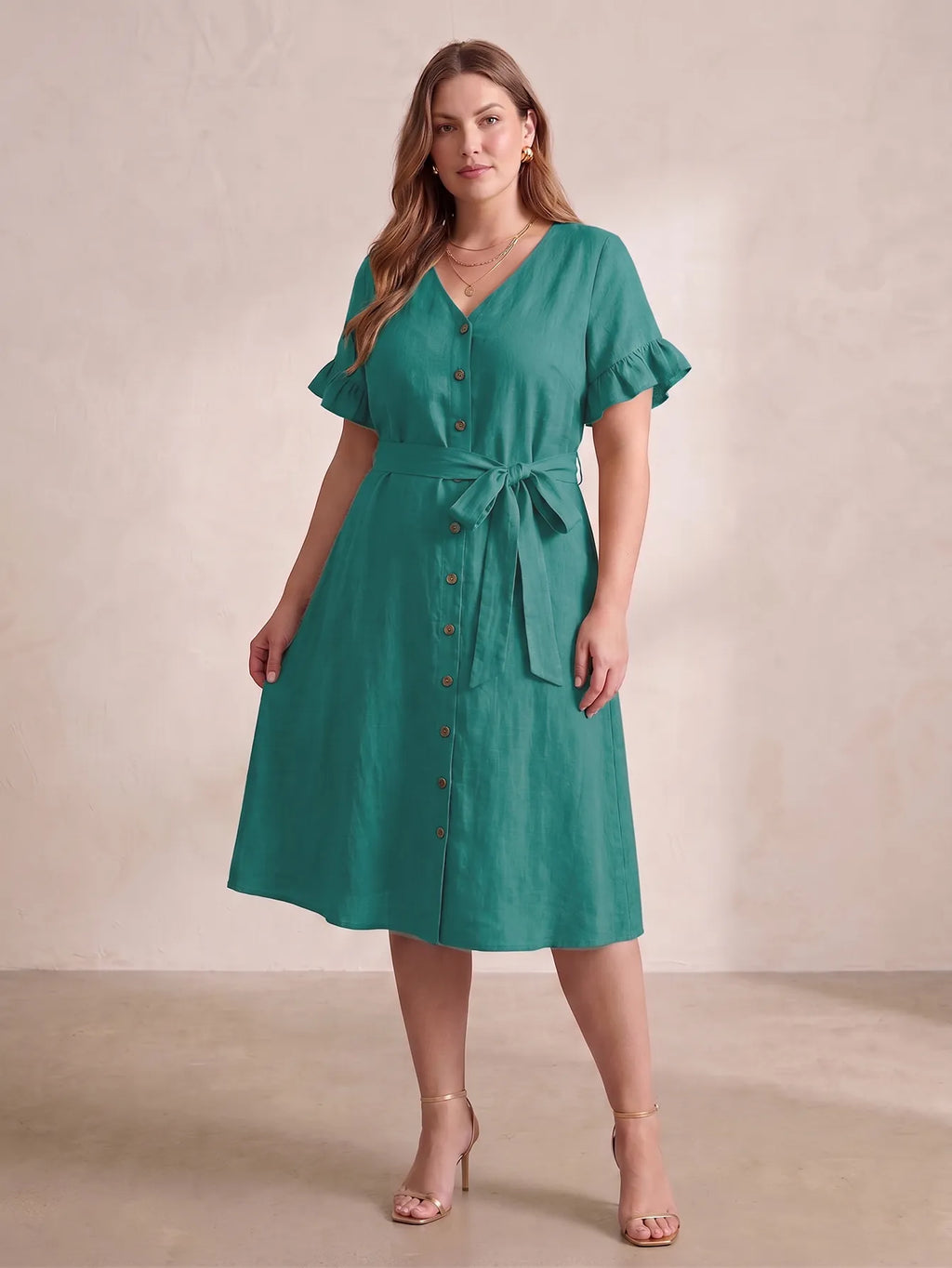 Larui Plus Size Women's Linen Short Sleeves Dress With Belted