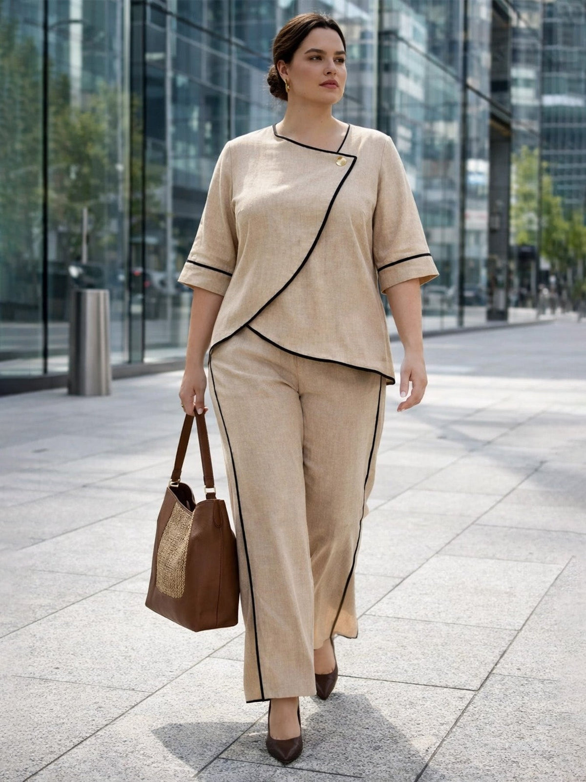Larui Plus Size Women's Linen Blouse and Pants 2Pcs Sets