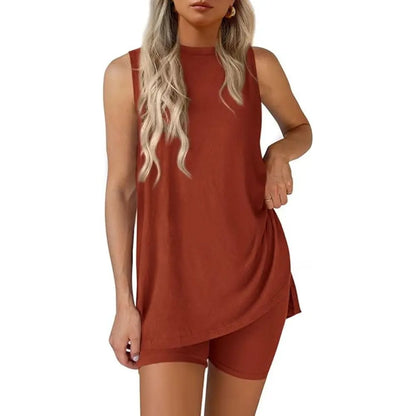 Sleeveless Crewneck Women's 2 Piece Sets Summer Matching Lounge Shorts Set Resort Airport Travel Outfit Split Hem Casual Clothes Basic Fitted Homewear