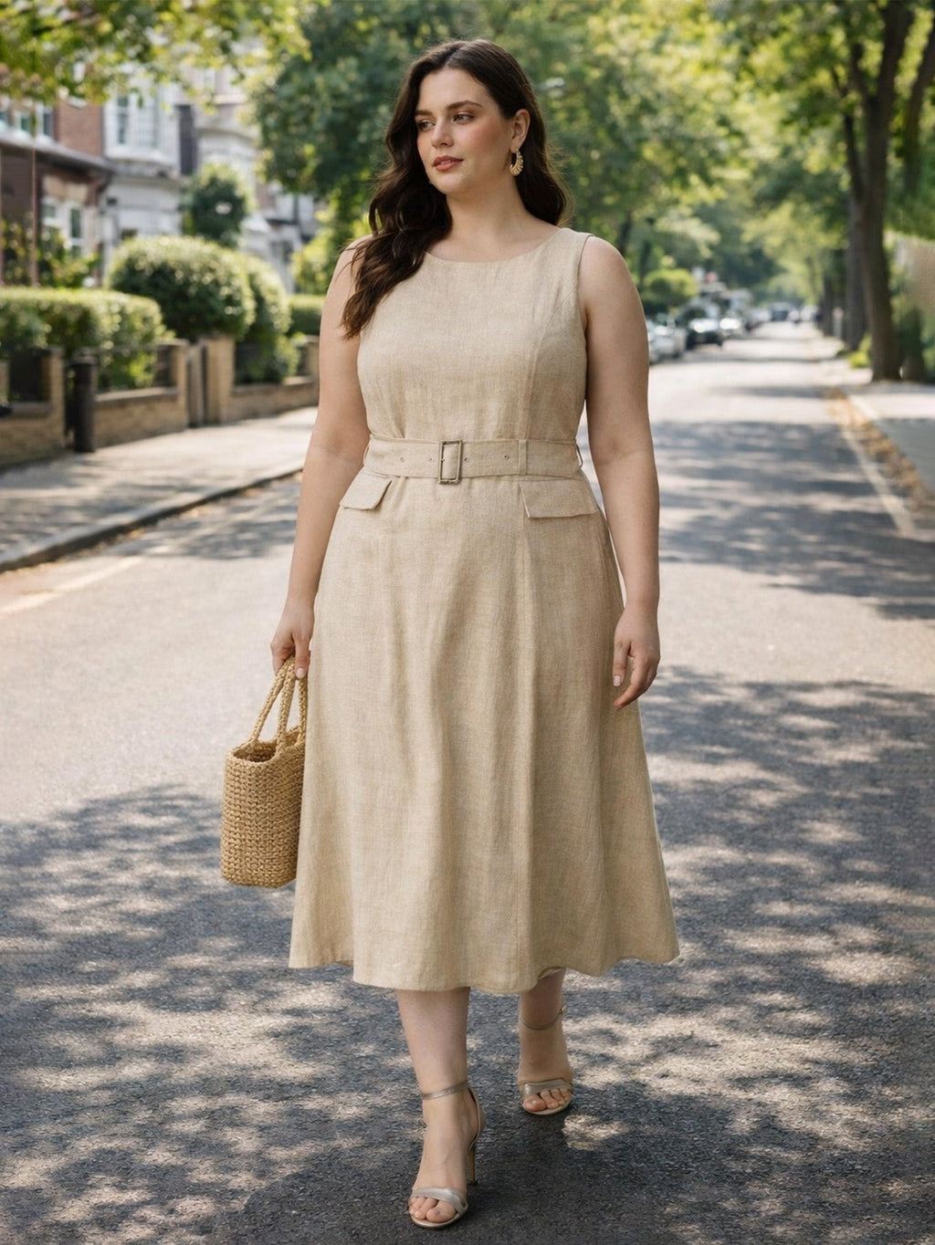 Larui Plus Size Women‘s Linen  Sleeveless Dress With Belt