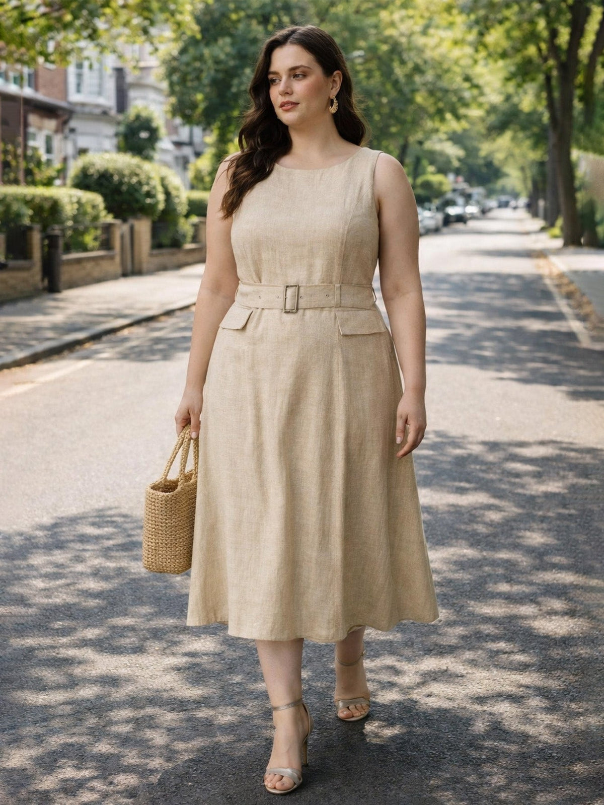 Larui Plus Size Women‘s Linen  Sleeveless Dress With Belt