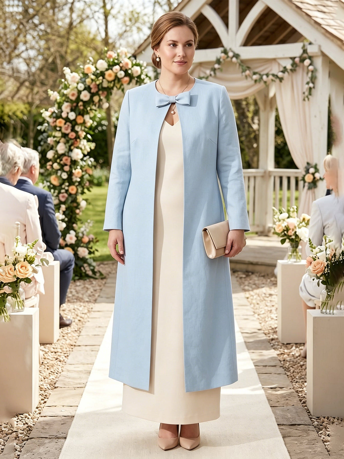 Larui Plus Size Women's Bow-Knot Wedding Long LinenCoat